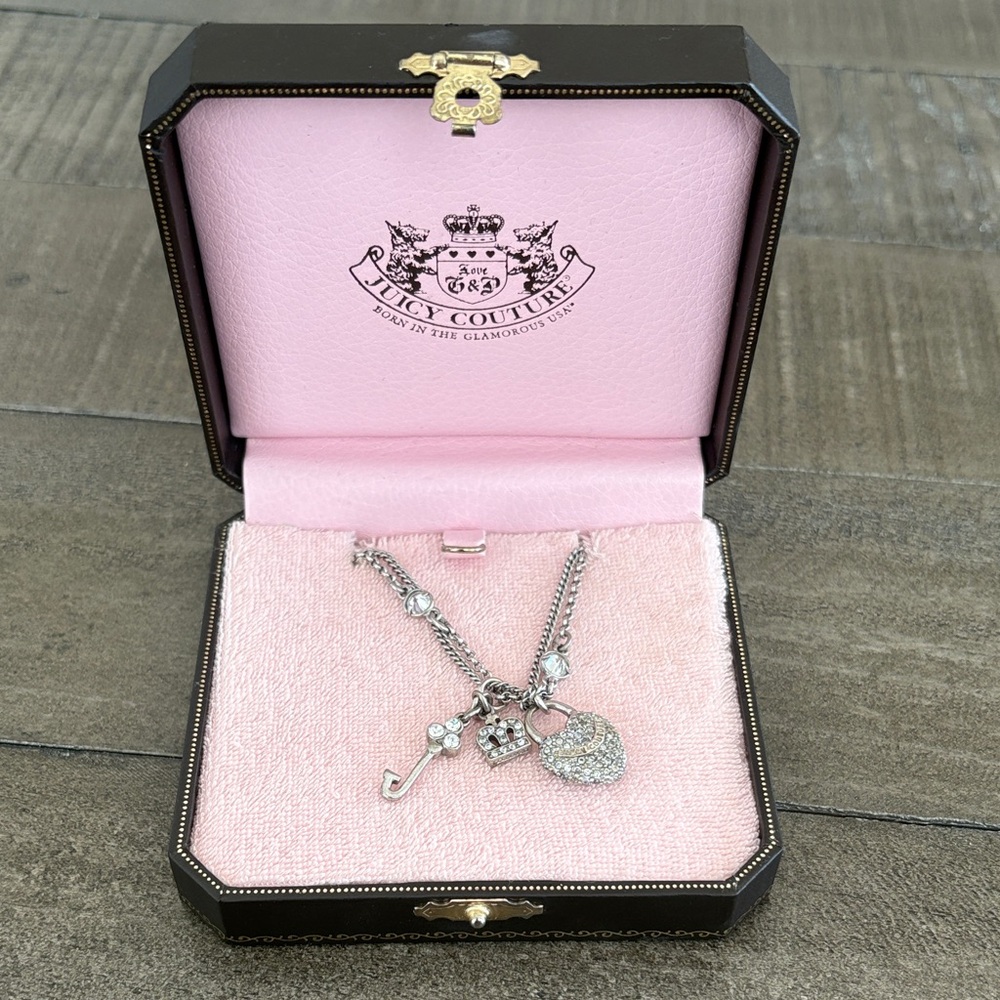 Juicy Couture Silver Tone Crystal Padlock & Charm Necklace - Pink Display